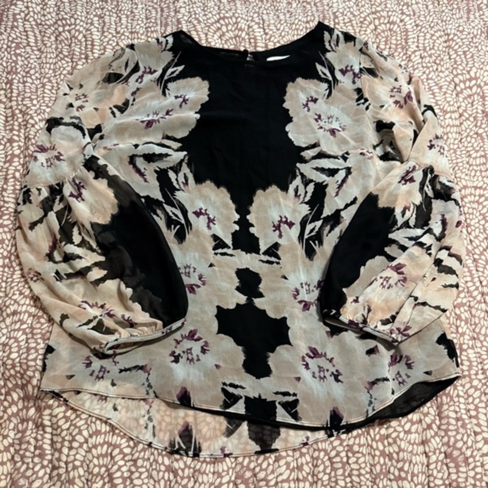 Calvin Klein Black and Cream Bell Sleeve Floral Blouse
